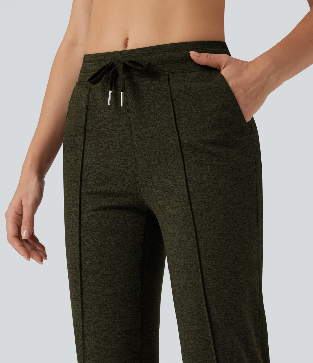 Mid Rise Drawstring Straight Leg Workout Trousers with Pockets — Shadow Moss — view 4