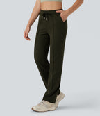 Mid Rise Drawstring Straight Leg Workout Trousers with Pockets — Shadow Moss — view 3