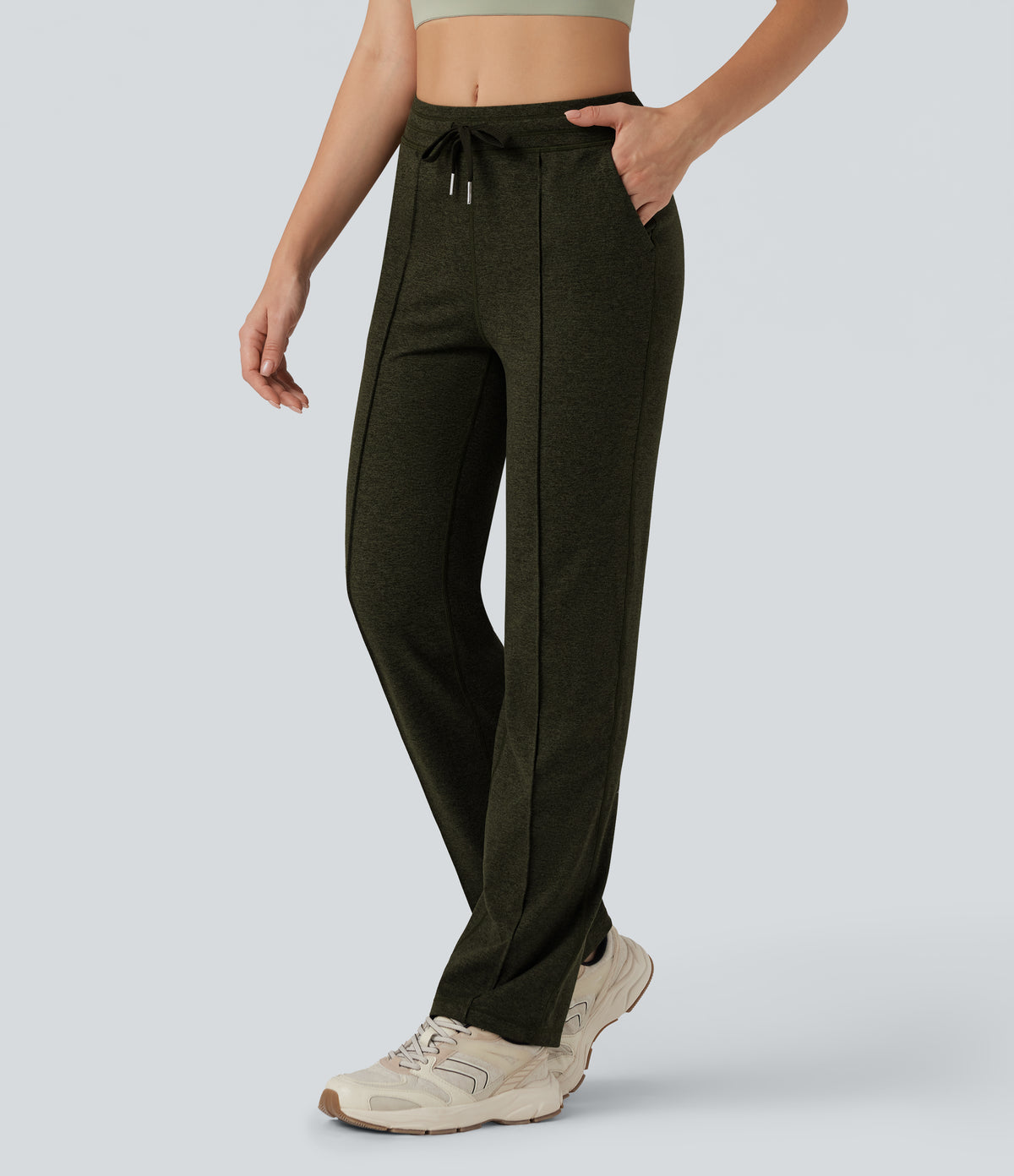Mid Rise Drawstring Straight Leg Workout Trousers with Pockets — Shadow Moss — view 3