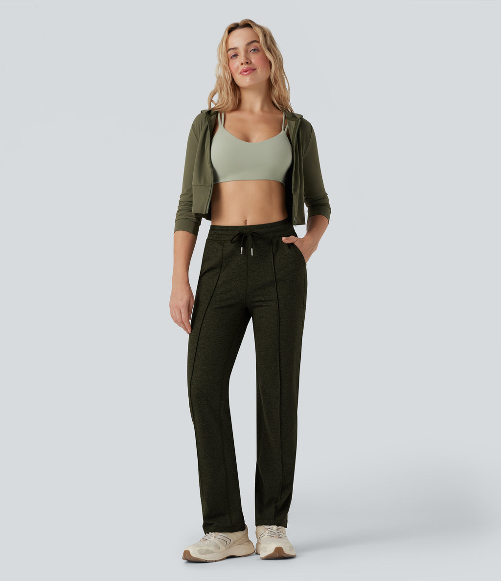 Mid Rise Drawstring Straight Leg Workout Trousers with Pockets — Shadow Moss — view 6