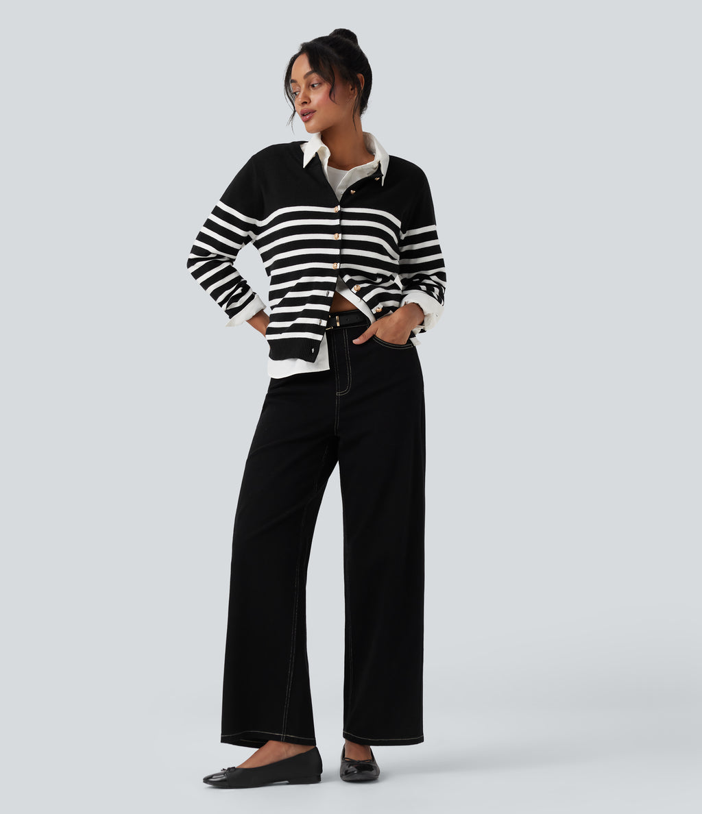 Color Block Striped Work Cardigan — Black White Horizontal Stripe — view 6