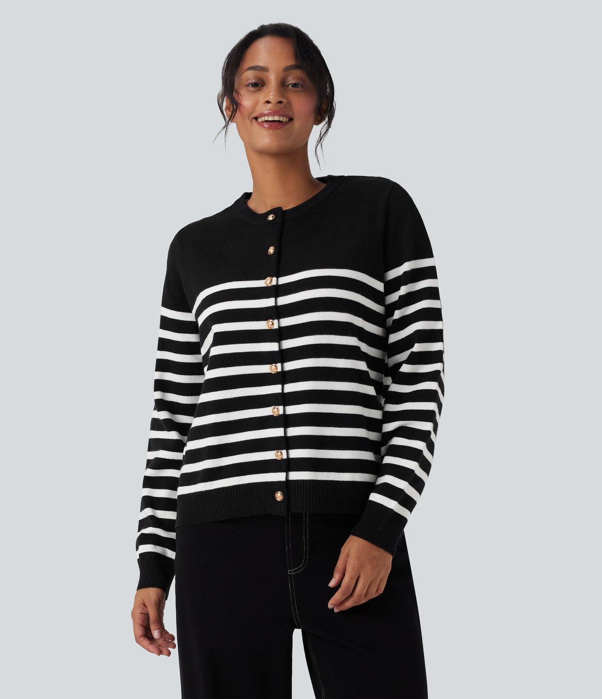 Color Block Striped Work Cardigan — Black White Horizontal Stripe — view 1