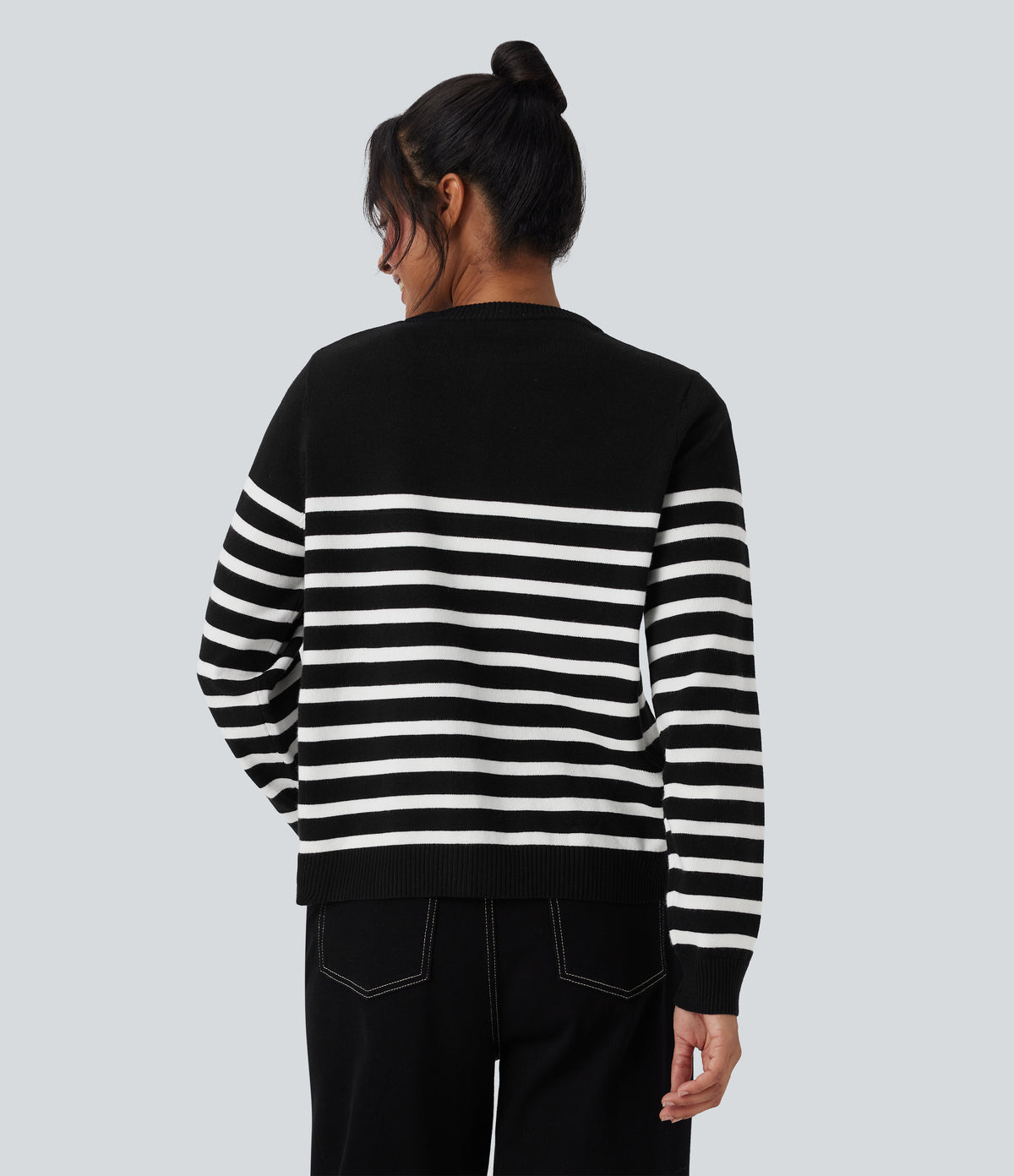 Color Block Striped Work Cardigan — Black White Horizontal Stripe — view 2