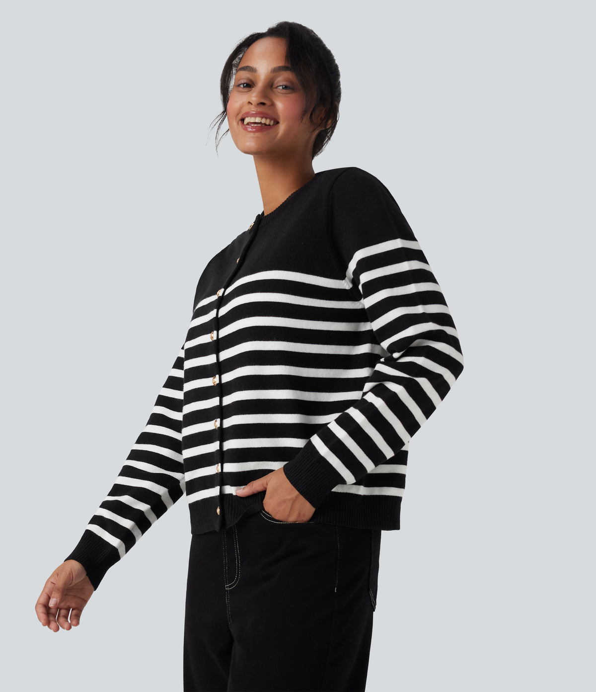 Color Block Striped Work Cardigan — Black White Horizontal Stripe — view 3