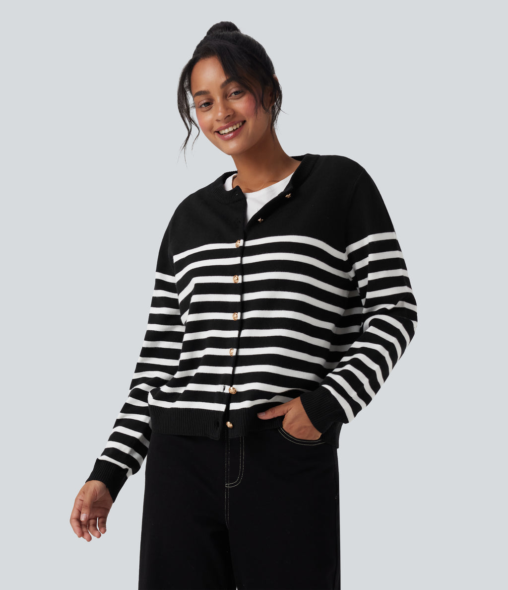 Color Block Striped Work Cardigan — Black White Horizontal Stripe — view 5