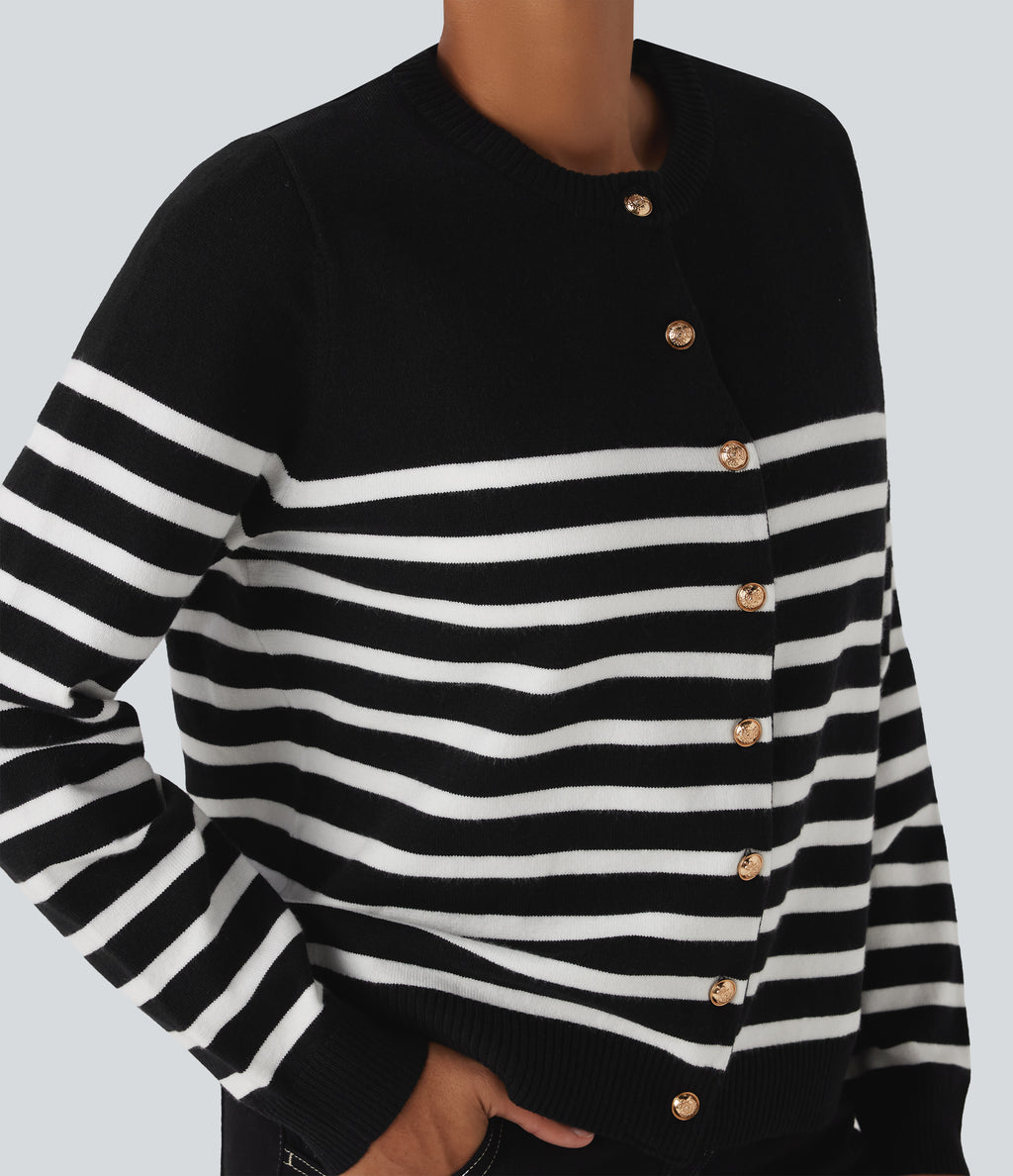 Color Block Striped Work Cardigan — Black White Horizontal Stripe — view 4