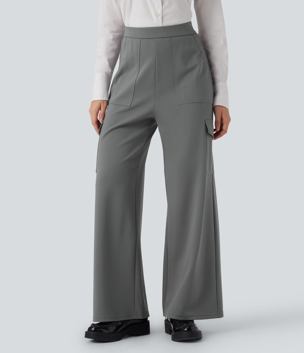 High Waisted Straight Leg Cargo Work Trousers with Pockets — Putty Gray — view 6