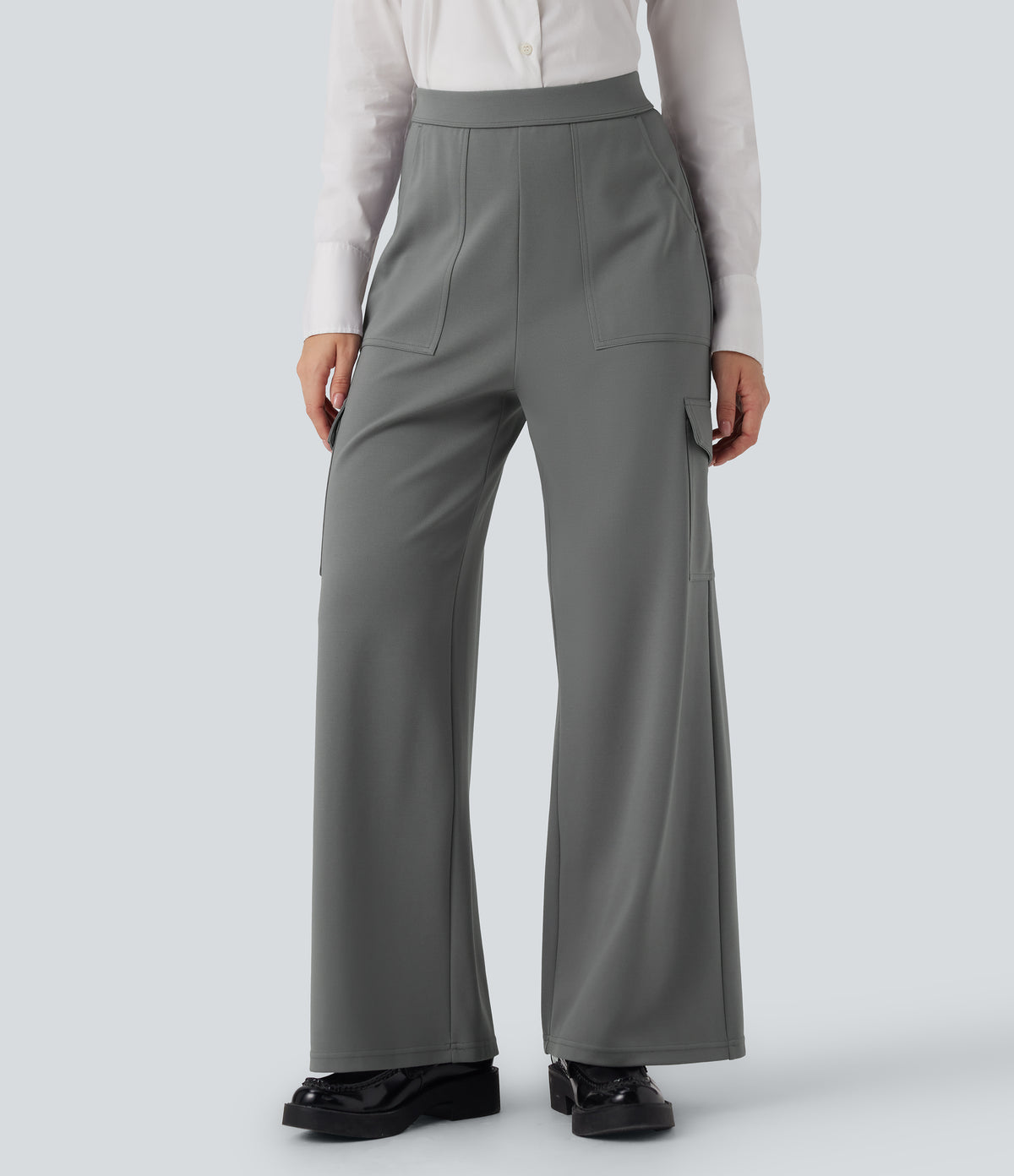High Waisted Straight Leg Cargo Work Trousers with Pockets — Putty Gray — view 6