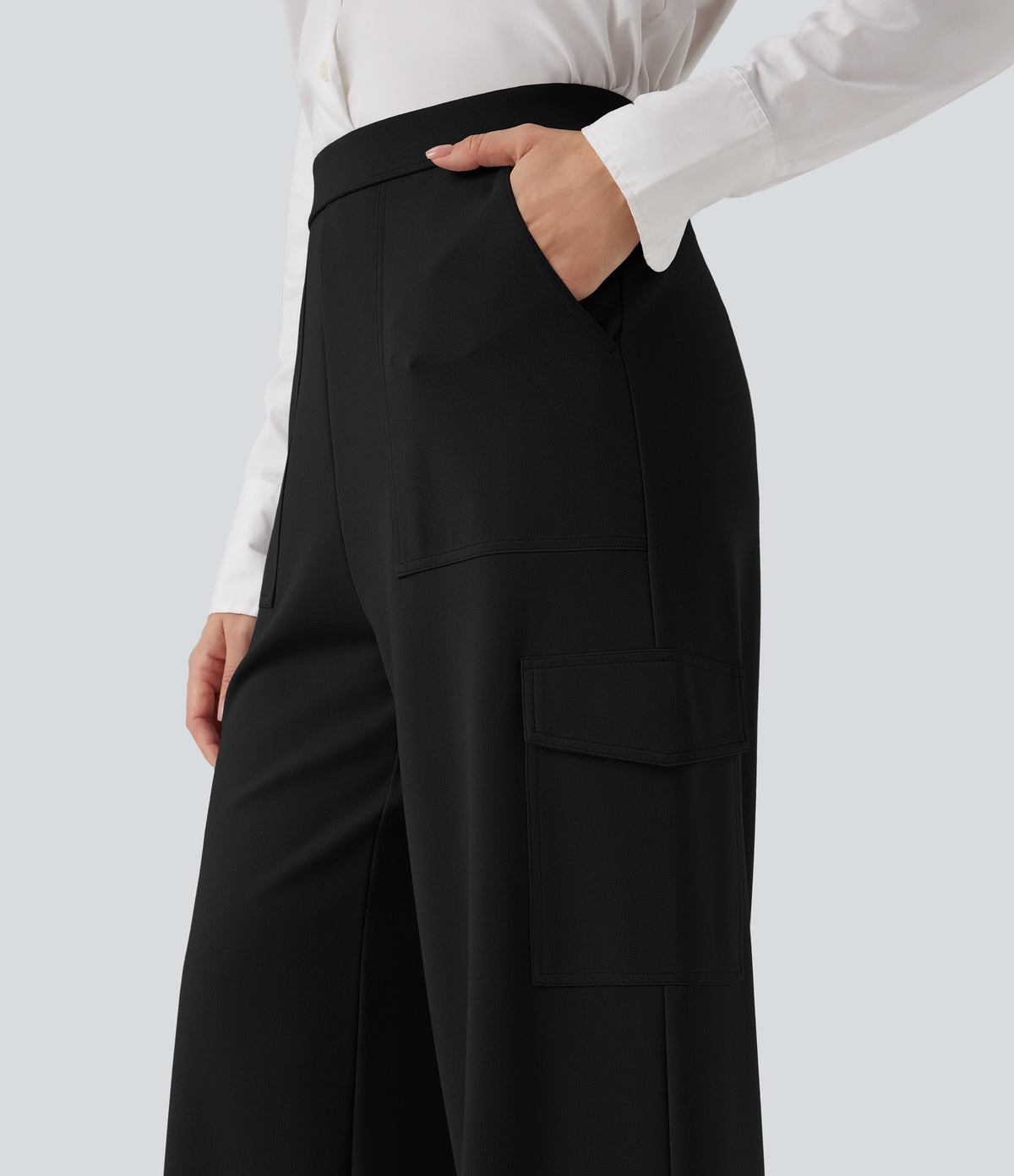 High Waisted Straight Leg Cargo Work Trousers with Pockets — Black — view 5