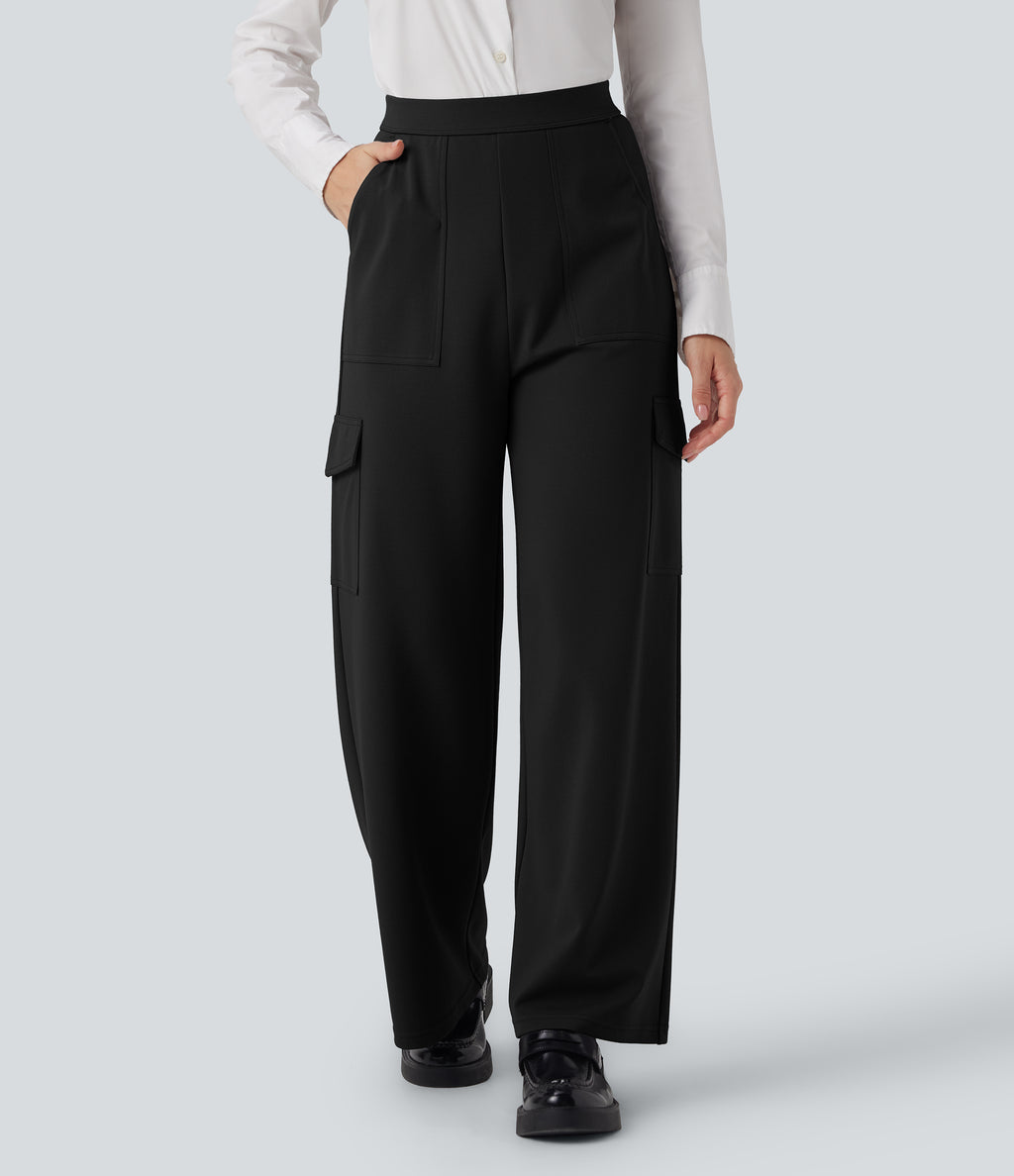High Waisted Straight Leg Cargo Work Trousers with Pockets — Black — view 2