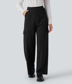 High Waisted Straight Leg Cargo Work Trousers with Pockets — Black — view 2