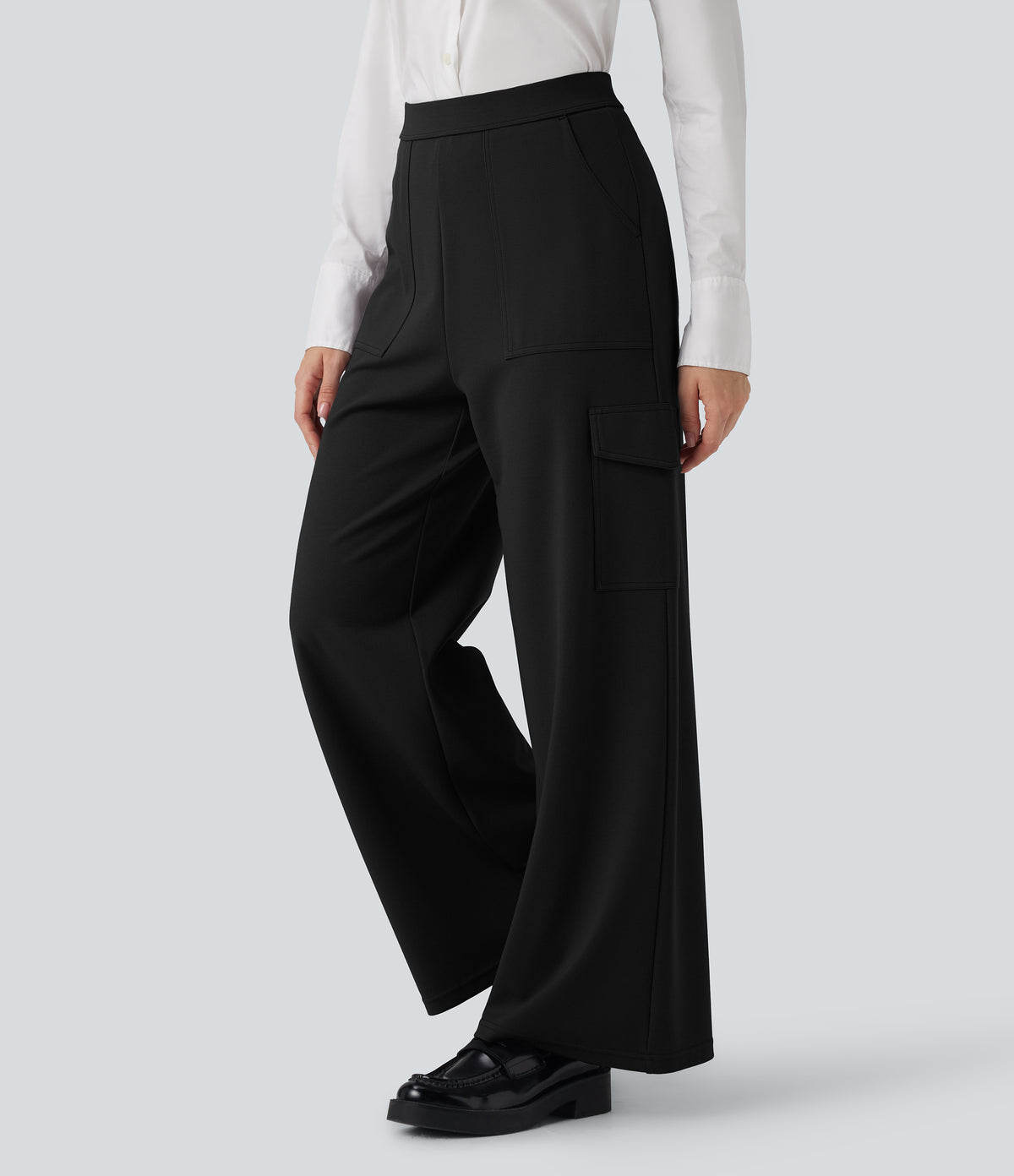 High Waisted Straight Leg Cargo Work Trousers with Pockets — Black — view 4
