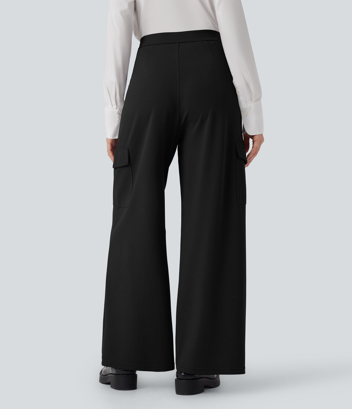High Waisted Straight Leg Cargo Work Trousers with Pockets — Black — view 3