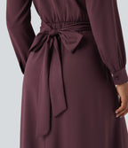 V-neck Long Sleeve Tie Back Midi Work Dress with Pockets — Plum Wine — view 5