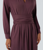 V-neck Long Sleeve Tie Back Midi Work Dress with Pockets — Plum Wine — view 4