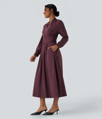V-neck Long Sleeve Tie Back Midi Work Dress with Pockets — Plum Wine — view 3