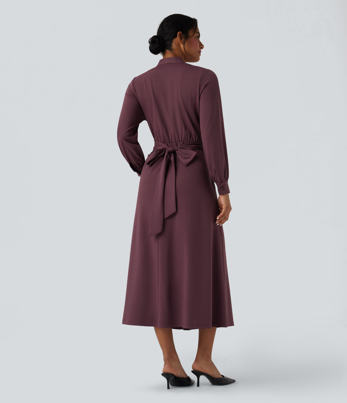 V-neck Long Sleeve Tie Back Midi Work Dress with Pockets — Plum Wine — view 2