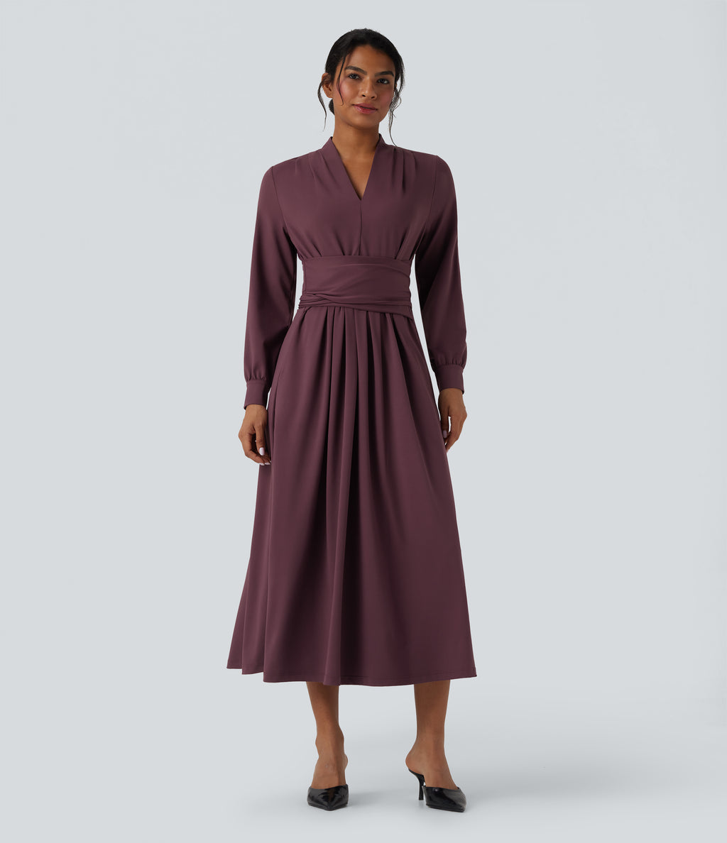 V-neck Long Sleeve Tie Back Midi Work Dress with Pockets — Plum Wine — view 1