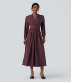 V-neck Long Sleeve Tie Back Midi Work Dress with Pockets — Plum Wine — view 1
