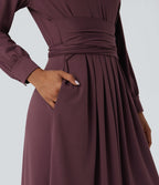 V-neck Long Sleeve Tie Back Midi Work Dress with Pockets — Plum Wine — view 6