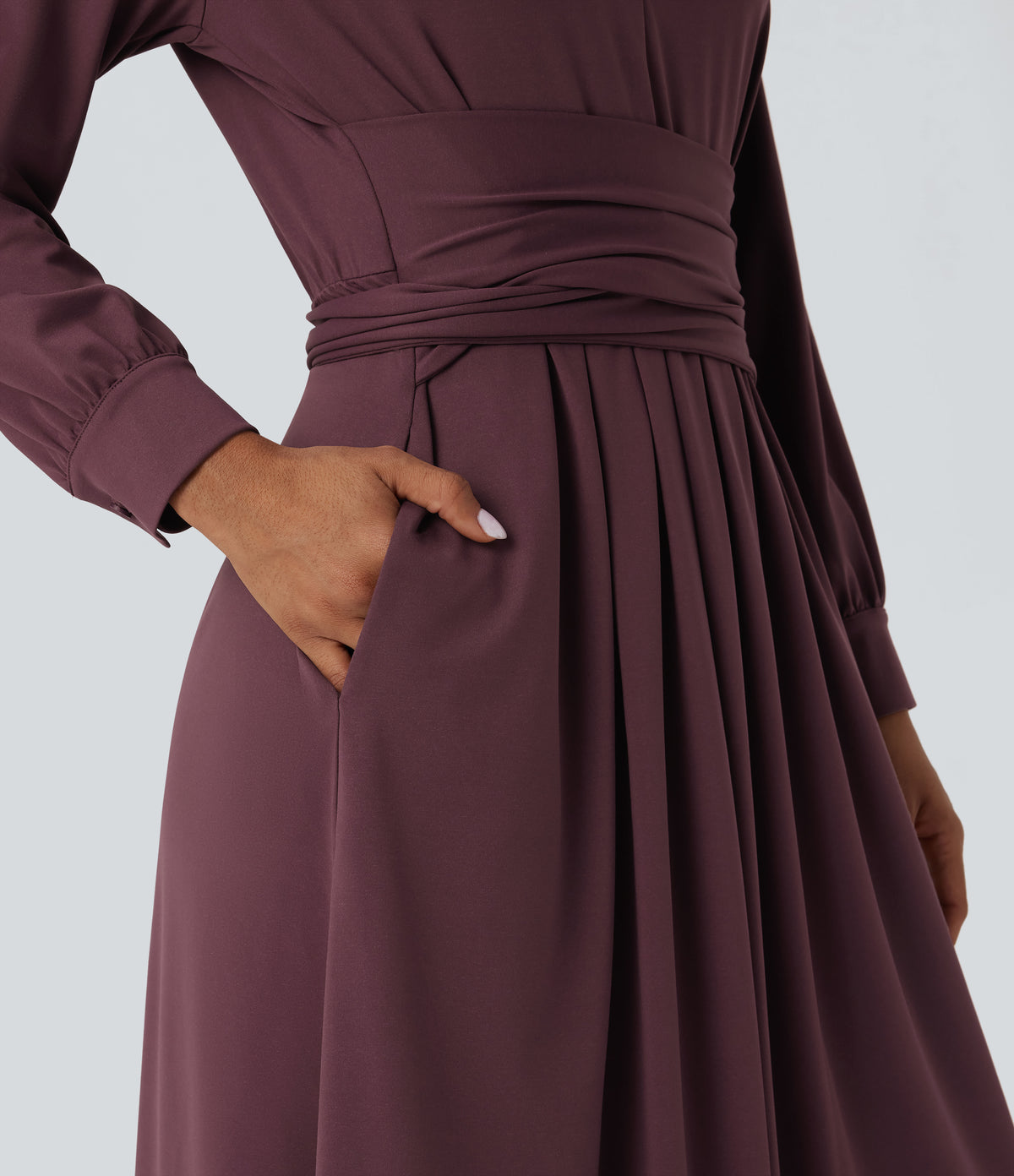 V-neck Long Sleeve Tie Back Midi Work Dress with Pockets — Plum Wine — view 6
