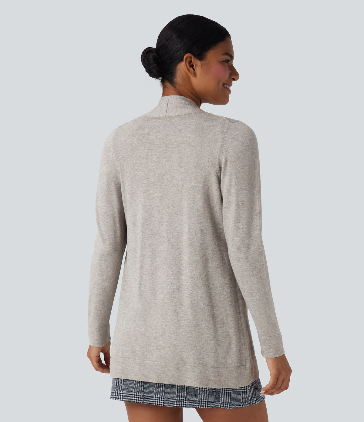 Long Sleeve Open Front Work Cardigan with Pockets — Tea White Flower Gray — view 2