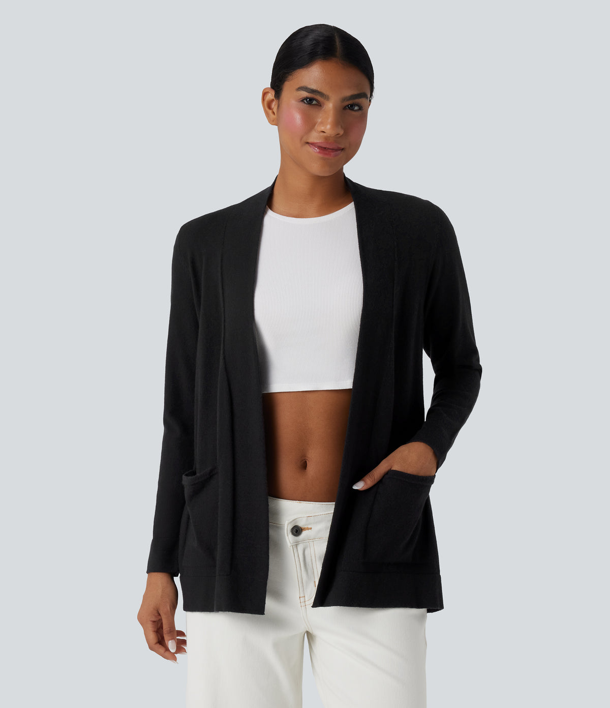 Long Sleeve Open Front Work Cardigan with Pockets — Black — view 6