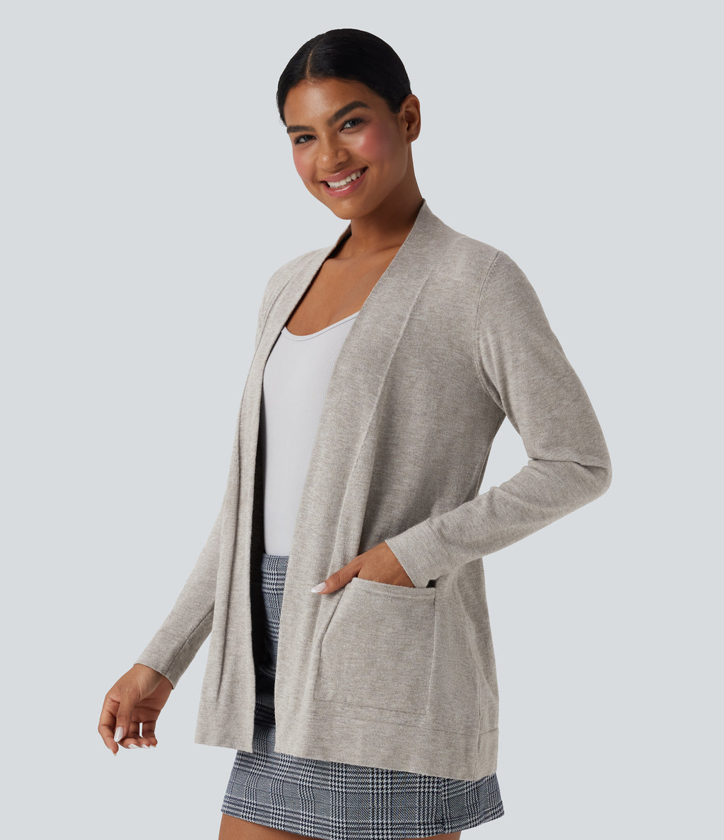 Long Sleeve Open Front Work Cardigan with Pockets — Tea White Flower Gray — view 3