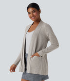 Long Sleeve Open Front Work Cardigan with Pockets — Tea White Flower Gray — view 3