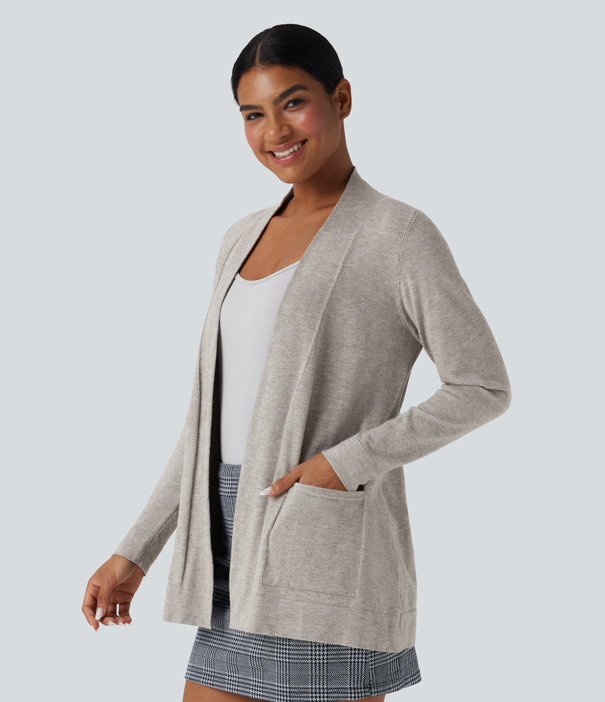 Long Sleeve Open Front Work Cardigan with Pockets — Tea White Flower Gray — view 3