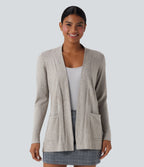 Long Sleeve Open Front Work Cardigan with Pockets — Tea White Flower Gray — view 1
