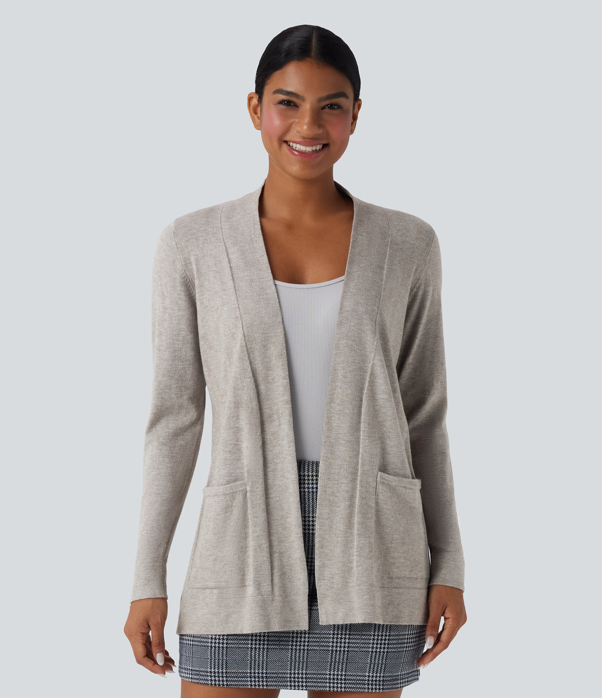 Long Sleeve Open Front Work Cardigan with Pockets — Tea White Flower Gray — view 1