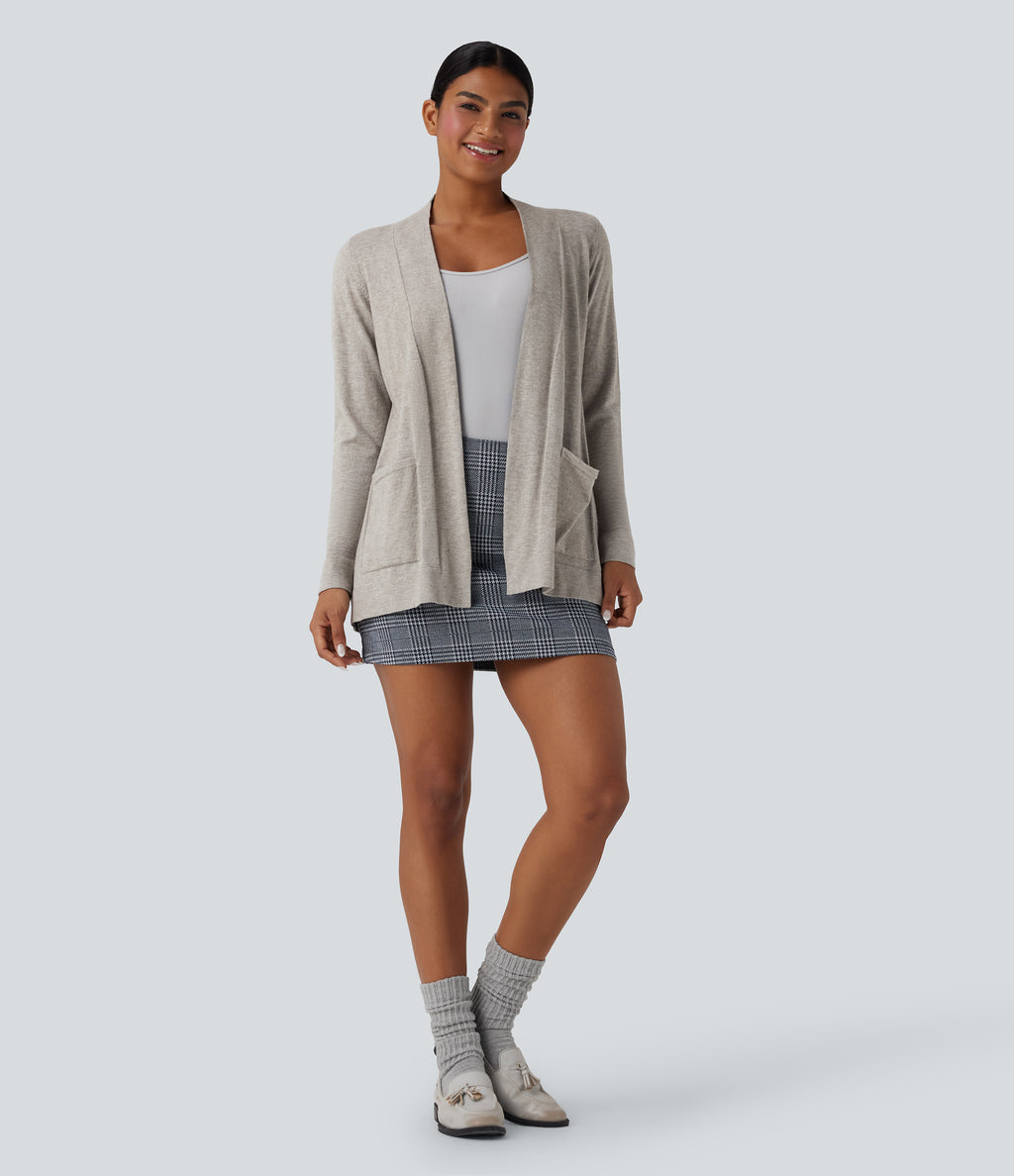 Long Sleeve Open Front Work Cardigan with Pockets — Tea White Flower Gray — view 5