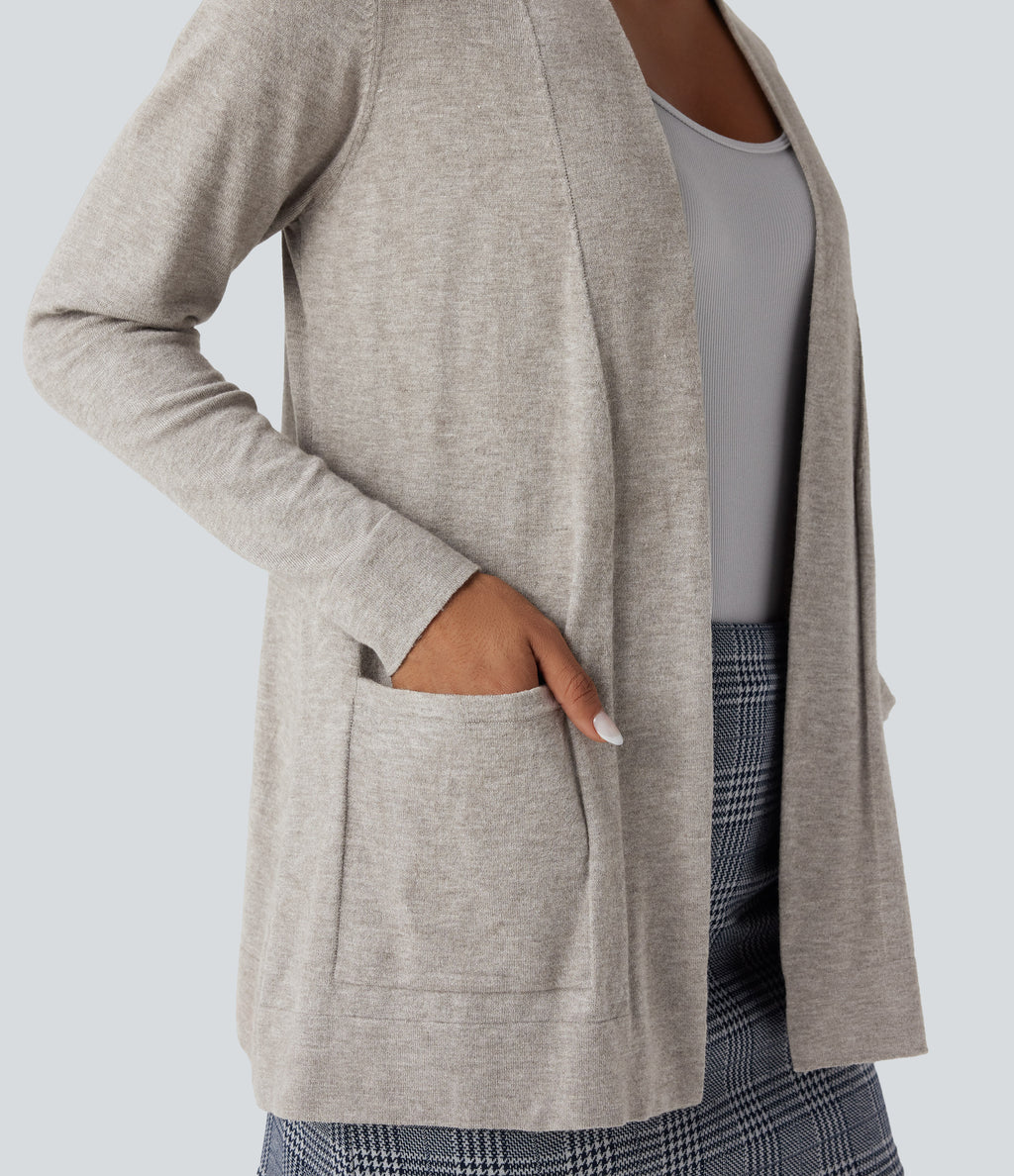 Long Sleeve Open Front Work Cardigan with Pockets — Tea White Flower Gray — view 4