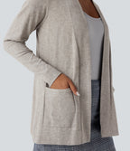 Long Sleeve Open Front Work Cardigan with Pockets — Tea White Flower Gray — view 4