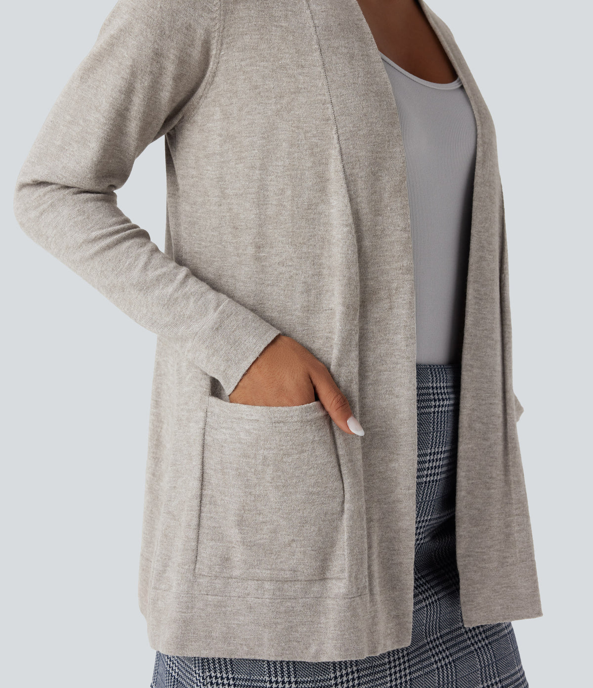 Long Sleeve Open Front Work Cardigan with Pockets — Tea White Flower Gray — view 4