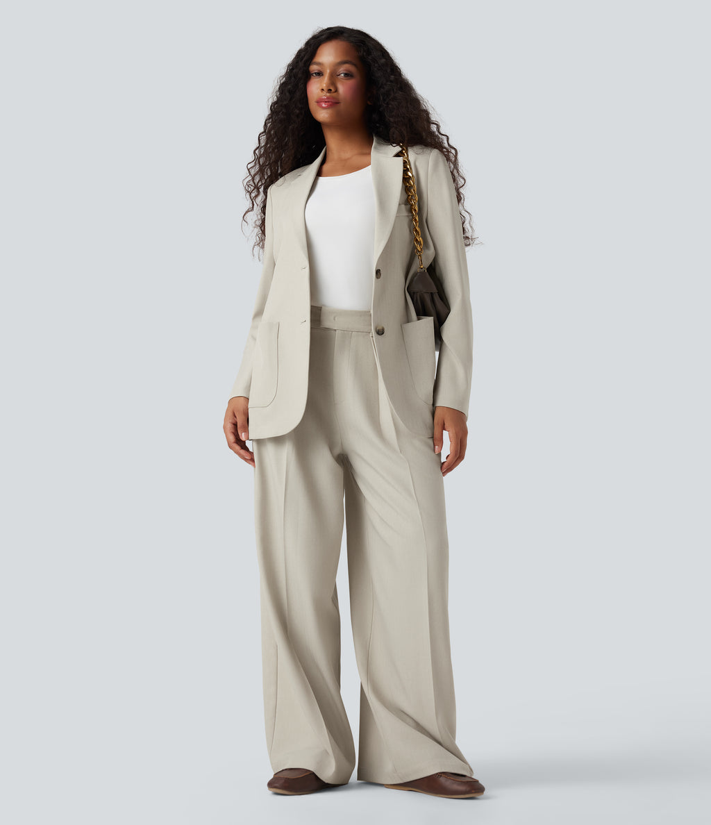 Notched Collar Long Sleeve Work Linen-Feel Blazer with Pockets — Warm Sandstone — view 7