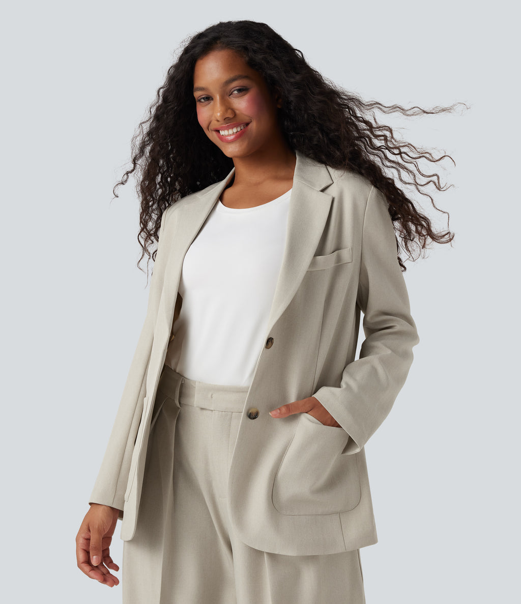 Notched Collar Long Sleeve Work Linen-Feel Blazer with Pockets — Warm Sandstone — view 1