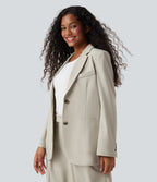 Notched Collar Long Sleeve Work Linen-Feel Blazer with Pockets — Warm Sandstone — view 3