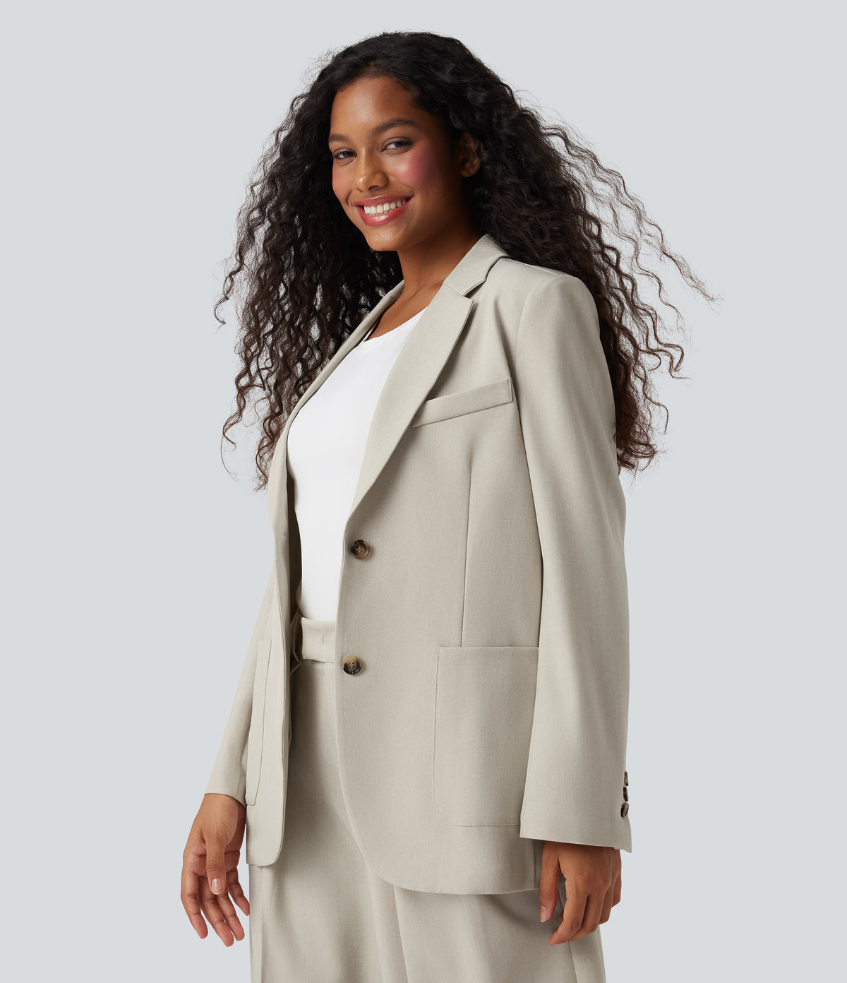Notched Collar Long Sleeve Work Linen-Feel Blazer with Pockets — Warm Sandstone — view 3