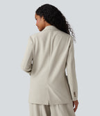 Notched Collar Long Sleeve Work Linen-Feel Blazer with Pockets — Warm Sandstone — view 2