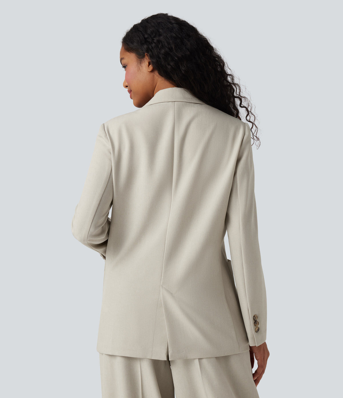 Notched Collar Long Sleeve Work Linen-Feel Blazer with Pockets — Warm Sandstone — view 2
