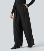 High Waisted Wide Leg Work Linen-Feel Trousers with Pockets — Black — view 4