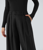 High Waisted Wide Leg Work Linen-Feel Trousers with Pockets — Black — view 6