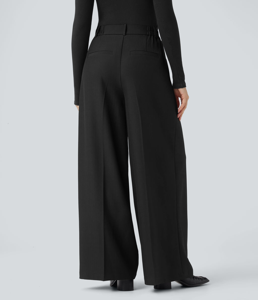 High Waisted Wide Leg Work Linen-Feel Trousers with Pockets — Black — view 2