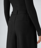 High Waisted Wide Leg Work Linen-Feel Trousers with Pockets — Black — view 5