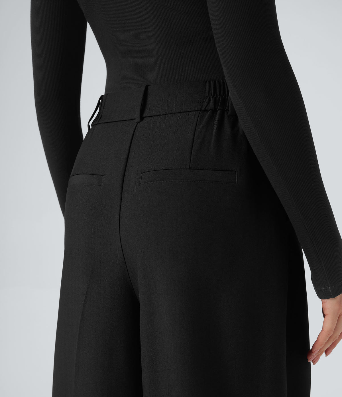 High Waisted Wide Leg Work Linen-Feel Trousers with Pockets — Black — view 5
