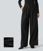 High Waisted Wide Leg Work Linen-Feel Trousers with Pockets — Black — view 1
