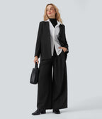 High Waisted Wide Leg Work Linen-Feel Trousers with Pockets — Black — view 7