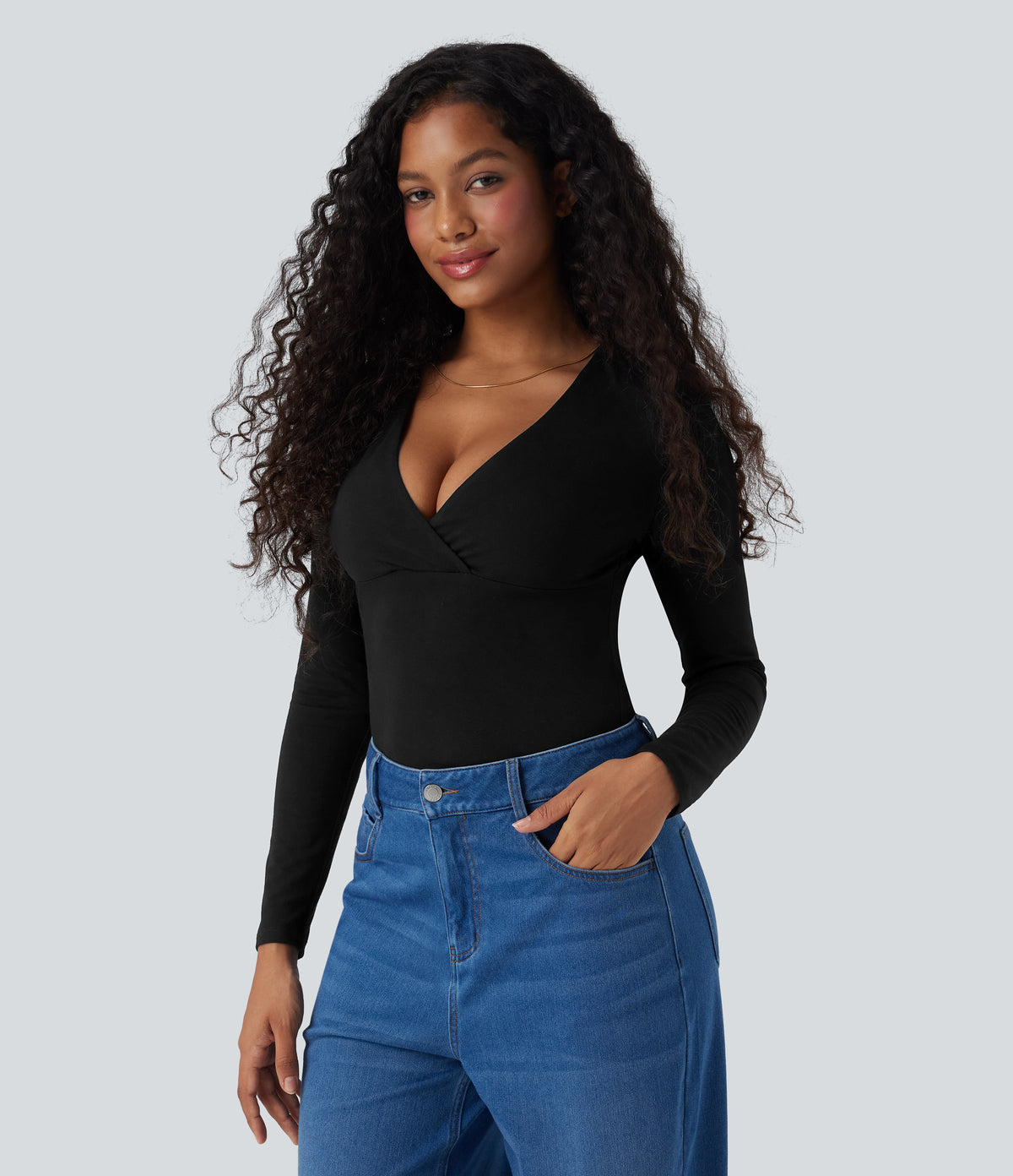 Deep V Neck Long Sleeve Casual Top — Black — view 1